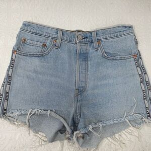 Levi’s 501 Blue Denim High Rise Logo Side Tape Frayed Hem Cut-Off Shorts Size 28